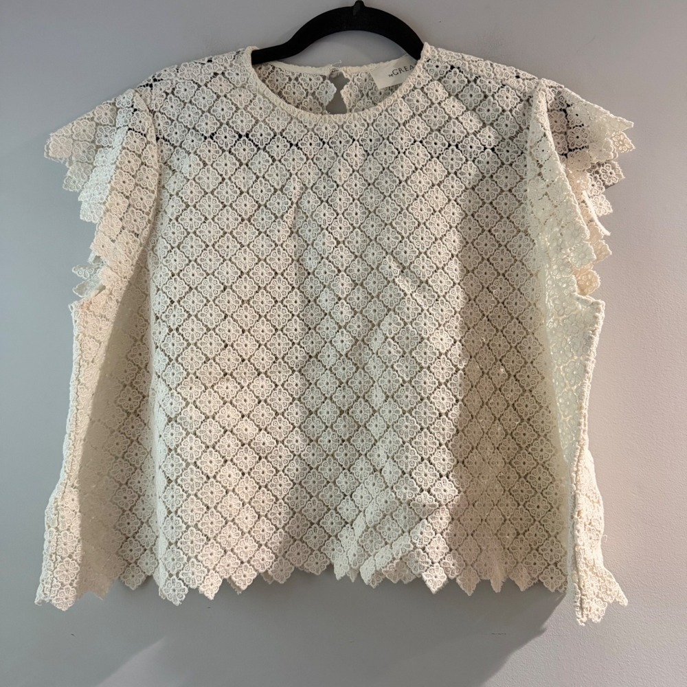 The Great Lace Flutter Sleeve Top Women Size 2 Cream Excellent Crochet Blouse